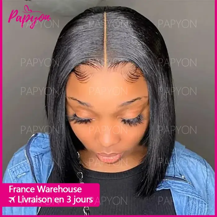 Perruques courtes Bob cordon élastiq Droites Sans Colle Prêtes  Porter Perruques de Cheveux Humains 