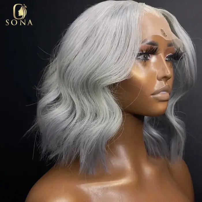 Perruque Bob Lace Front Wig Body Wave Naturelle, Cheveux Courts, Gris Clair, 13x6, 13x4, Couleur Blo