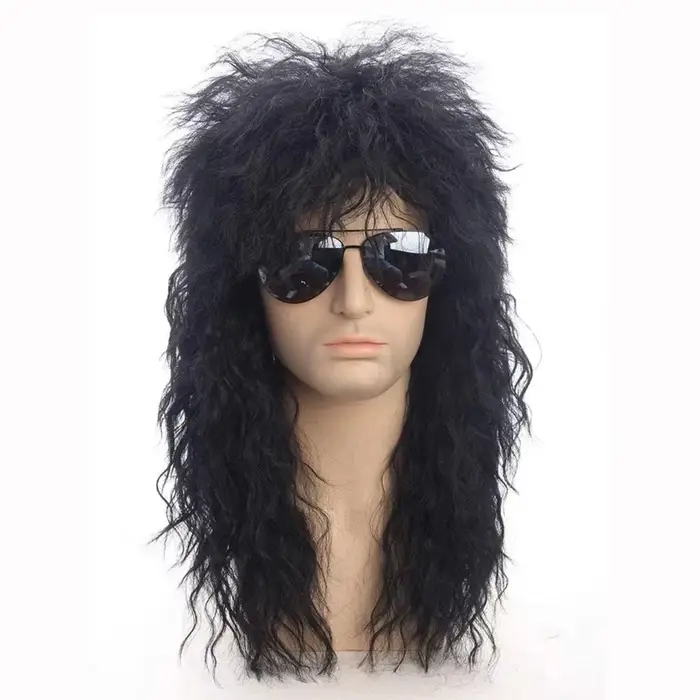 Perruque bouclée noire pour hommes avec frange – Cheveux synthétiques ondulés naturels pour cosplay