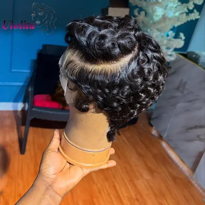 Perruques Courtes pour Femmes Noires Cheveux Humains Bourgogne 99J Chic Sans Colle Ondulées Coupe Pixie Perruque