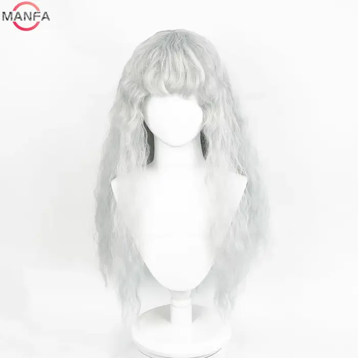 Griffith Cosplay perruque gris clair bouclés ondulés longs résistant à la chaleur perruques de cheveux synthétiques +