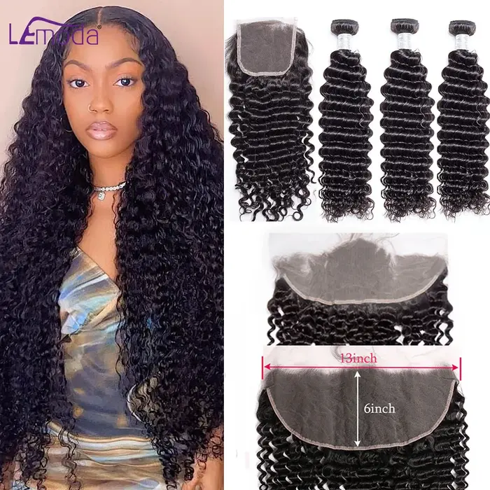 Paquets de cheveux humains de vague bouclée avec fermeture frontale de dentelle transparente HD avec