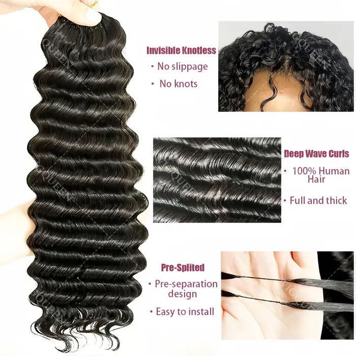 Extensions de cheveux humains au crochet 12A Water Wave, à fil invisible, Deep Wave, effet plume, po