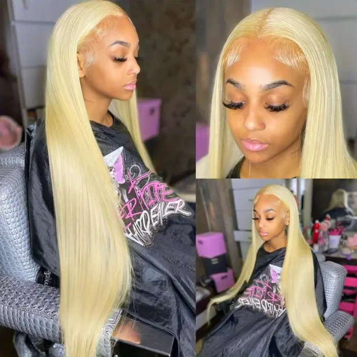 Perruque Lace Frontale HD 13x6 en Cheveux Humains Brésiliens Blond 613, Densité 200, Lisse, 30-40 Po