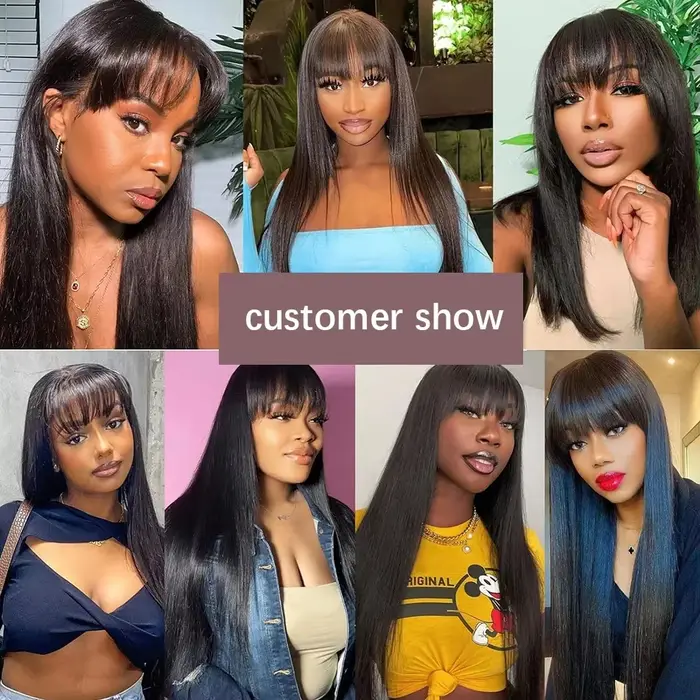 Perruques en cheveux humains lisses avec frange, perruque noire 1b, pas de dentelle, couleur naturel