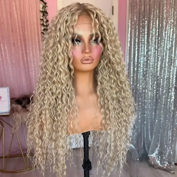 Perruque synthétique à dentelle frontale 13x4, ombrée blonde, 28 pouces de long, bouclée profonde, m