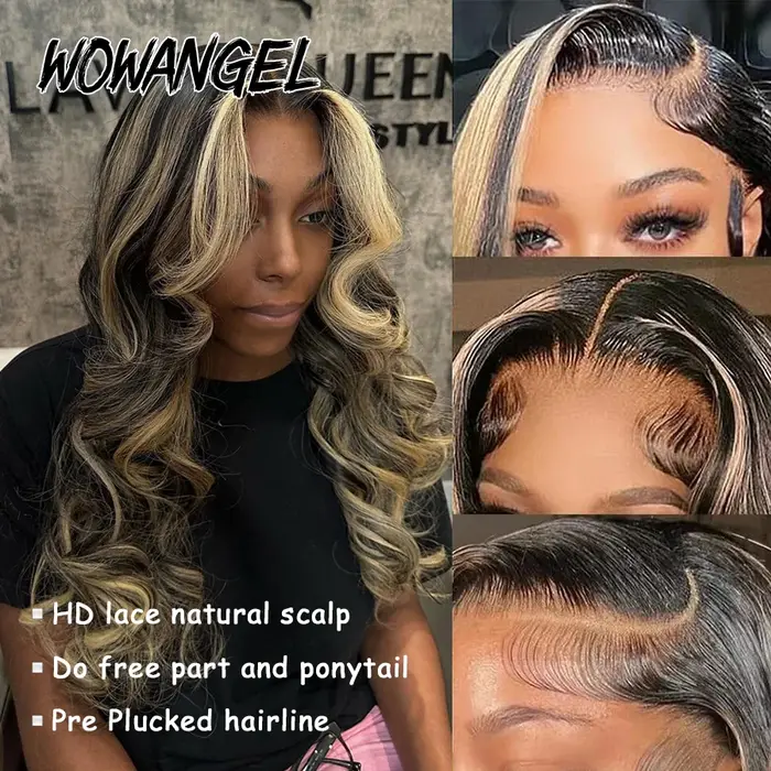 Wow Angel 1B27 Ombre mettre en évidence couleur 250% cheveux humains dentelle frontale perruques vag