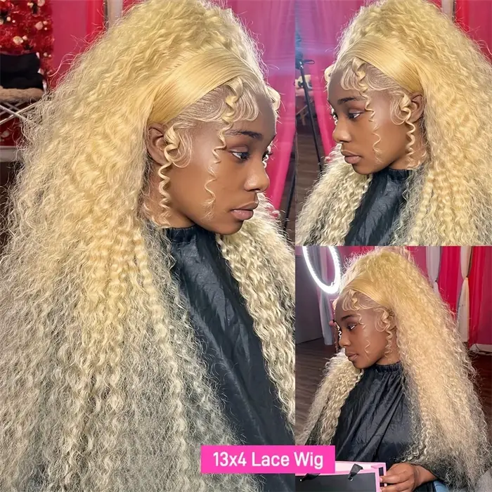 Perruque Lace Front Wig Deep Wave Brésilienne Naturelle, Cheveux Bouclés, Blond Miel 613, 13x6, 13x4