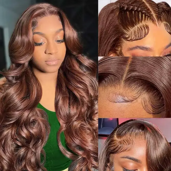 Perruques de cheveux humains de vague de corps brun chocolat 13X4 HD perruques frontales de dentelle