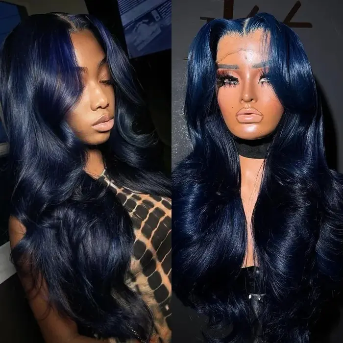Perruque Lace Frontal Wig synthétique Body Wave longue bleu foncé, 13x4 HD, bleu nuit, sans colle, h
