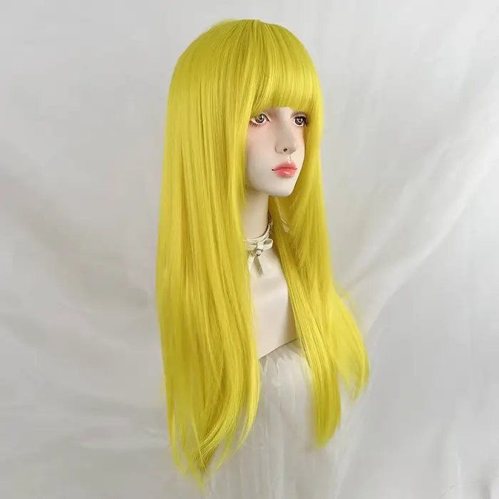 Perruques synthétiques longues et lisses en couches jaune citron avec frange pour femmes