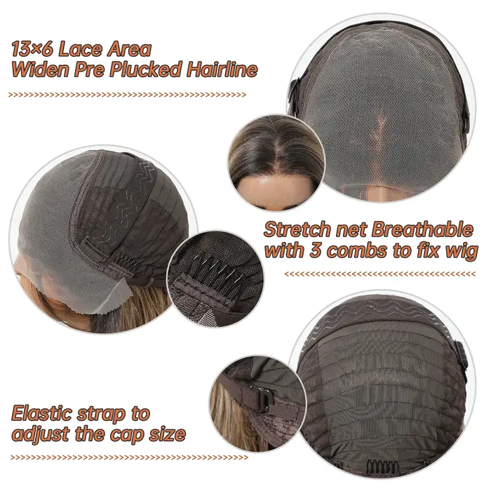 HAIRCUBE – perruque synthétique lisse mixte brune, racines foncées, naissance des cheveux naturelle,