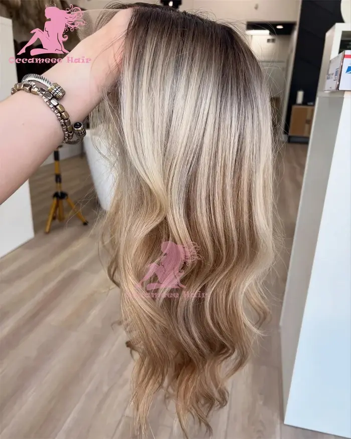 Perruque Lace Frontale en Cheveux Humains Body Wave Ombré Blond Cendré avec Mèches
