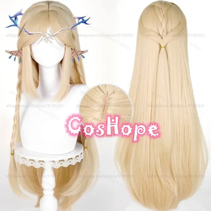 Cartethyia Cosplay perruque avec oreilles 90 cm de Long pré tressé lin doré