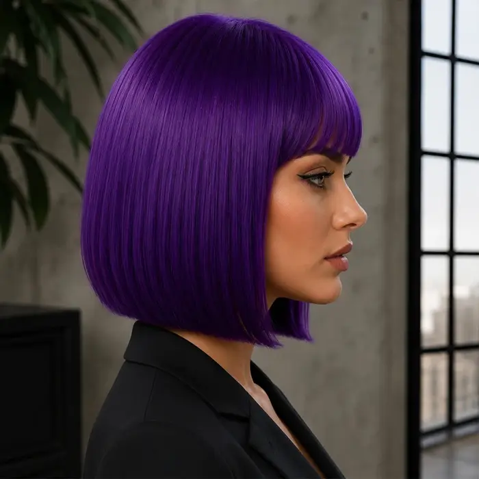 Perruque synthétique violette foncée de 12 pouces avec frange