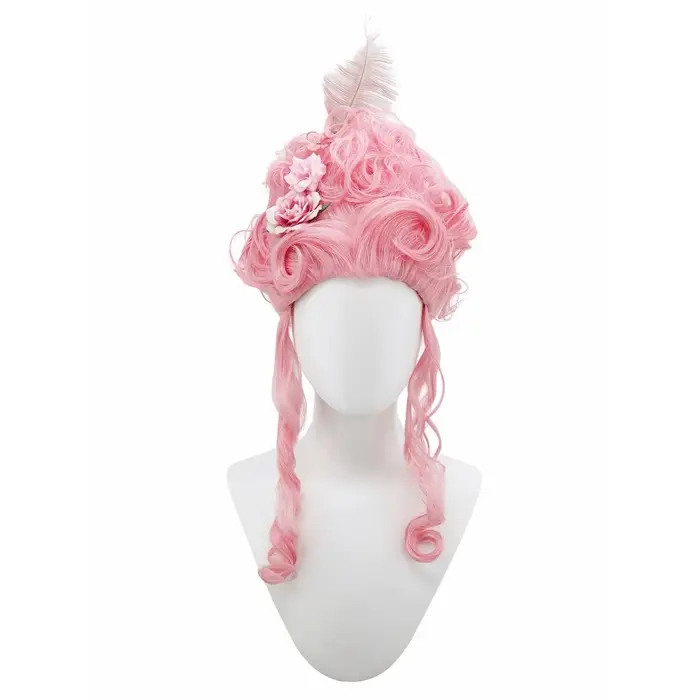 Perruque synthétique rose moelleuse de haute qualité | Coiffure de la reine avec des fleurs de plumes