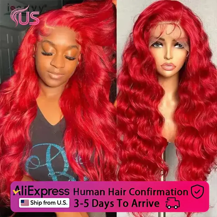 Perruque Lace Frontale 13x6 Rouge Vif Ondulée 30 40 Pouces, Perruques en Cheveux Humains Lace Front 