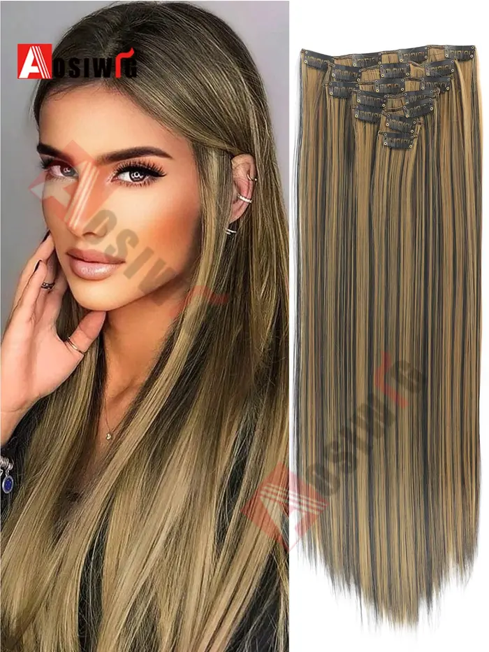 Extensions de cheveux synthétiques longs et lisses, 16 clips, 18 à 32 pouces, postiches blondes et n