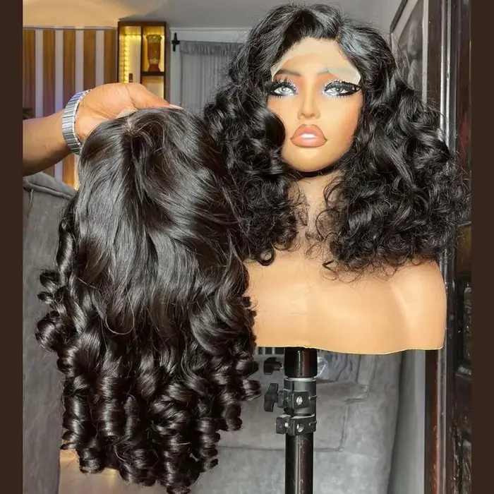 Perruque en cheveux humains 100% naturels, bouclés et volumineux, noirs, qualité supérieure, sans nœ