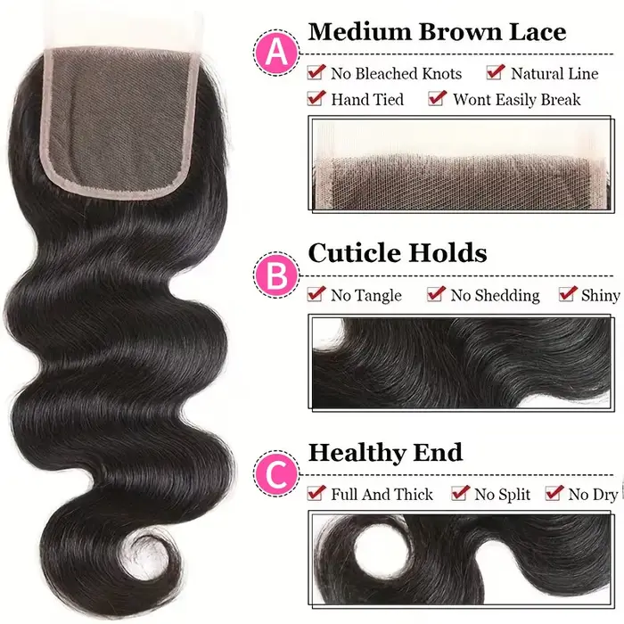 Lot de 3 Bundles de Cheveux Humains Remy avec Closure en Dentelle 4x4 et Closure en Dentelle 5x5 Bré