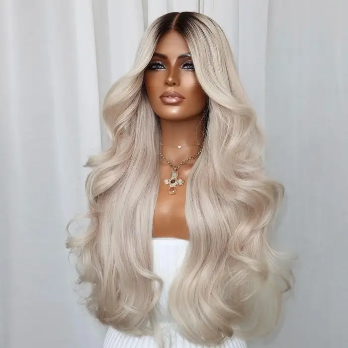 Nouvelle perruque synthétique Lace Front blonde blanche, ondulée, 13*4, en fibre résistante à la cha