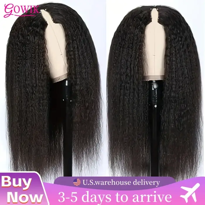 Perruque Yaki lisse crépue avec raie en V, cheveux naturels sans colle, couleur noire naturelle, san
