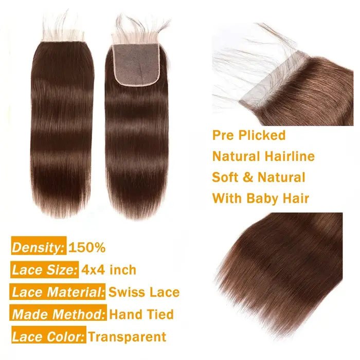 Frontale en dentelle 13x6 uniquement # 4 brun foncé droit 4x4 fermeture transparente