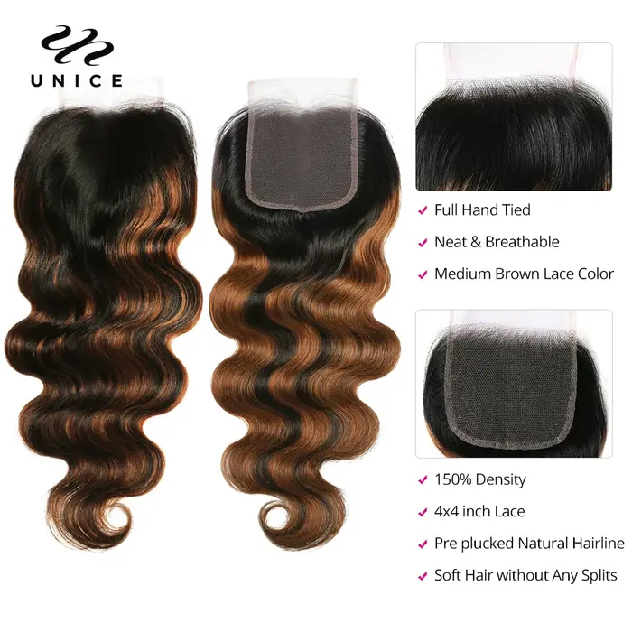 UNICE Hair-Mèches naturelles Body Wave, cheveux bruns, balayage, avec closure, partie libre, lace cl
