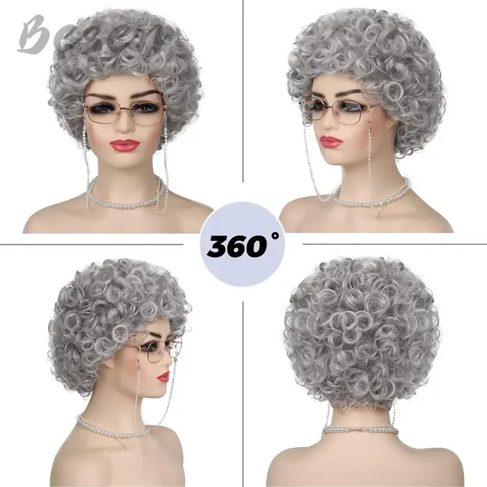 Perruque Synthétique Grise Courte Bouclée pour Femme