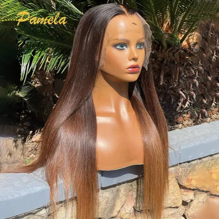 Perruque Lace Frontal Wig naturelle sans colle, cheveux lisses, ombré 1b/4 colorés, prêts à porter, 