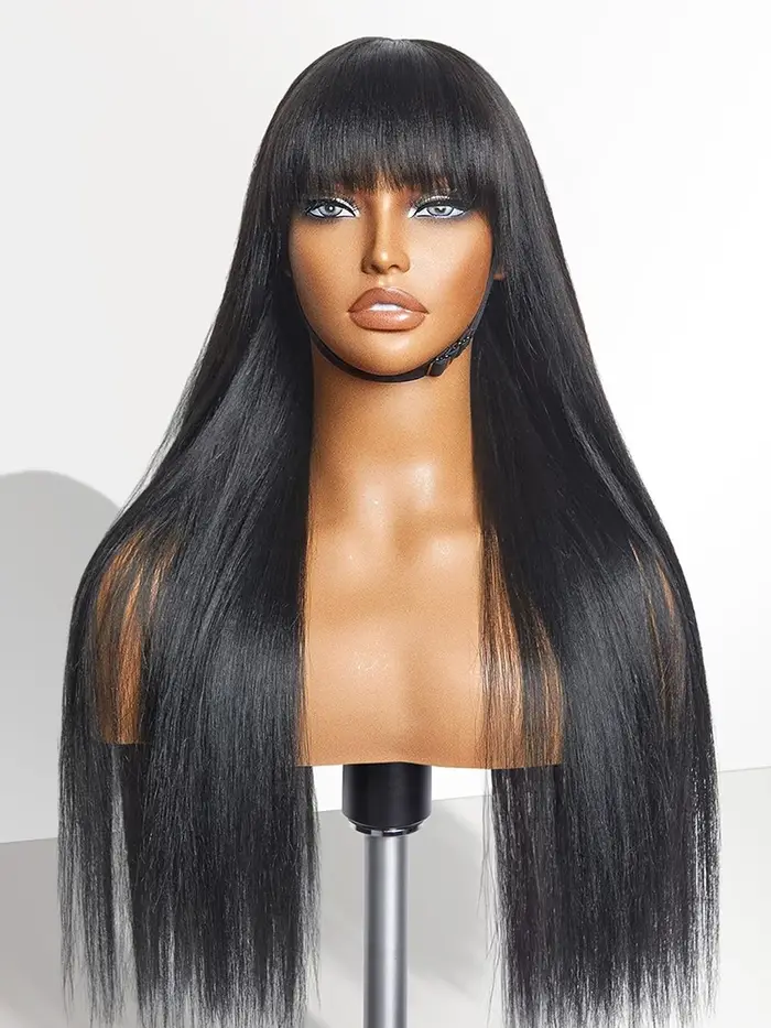 Perruque longue en cheveux humains avec frange