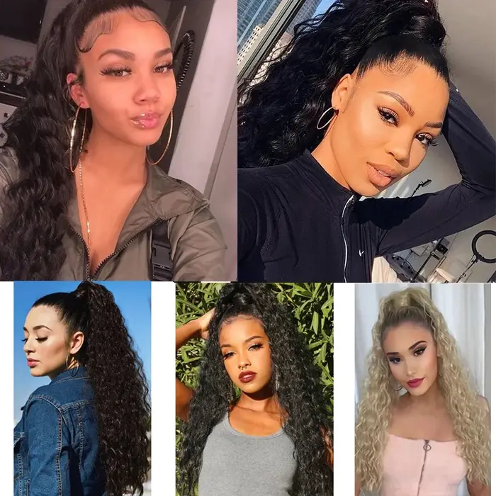22 pouces synthétique longue crépus bouclés queue de cheval Extension de cheveux cordon enveloppé pince dans
