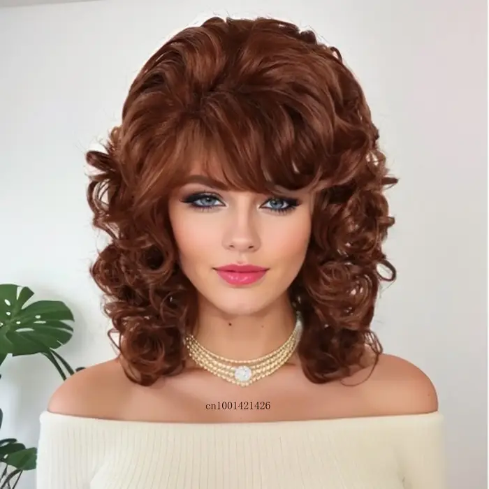 Perruque synthétique brune bouclée volumineuse avec frange pour femme, mèches, ondulations années 80