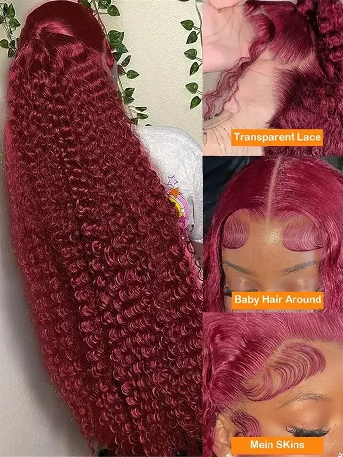 Perruque Lace Front Wig Naturelle Bouclée, Cheveux Humains, Couleur Rouge Bordeaux 99J, 13x6, 13x4, 