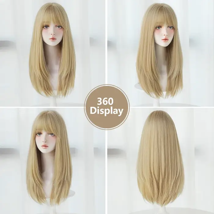 Perruques blondes en couches droites avec frange soignée, faux cheveux naturels synthétiques haute d