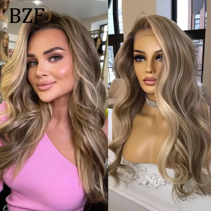 Perruque Lace Front Synthétique à Reflets Bruns Ondulés pour Femme, Racines Foncées Colorées, Blonde