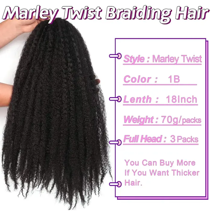 Cheveux synthétiques Marley Twist pour tresses – 18 pouces, doux, pour tresses Marley Twist, 1/3/8 p