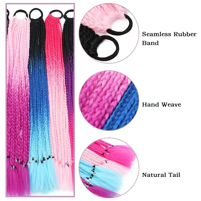 24Inch Synthetic Gradient  Colored Braided Ponytail Hair Extension Elastic Rubber Band Braiding Pony