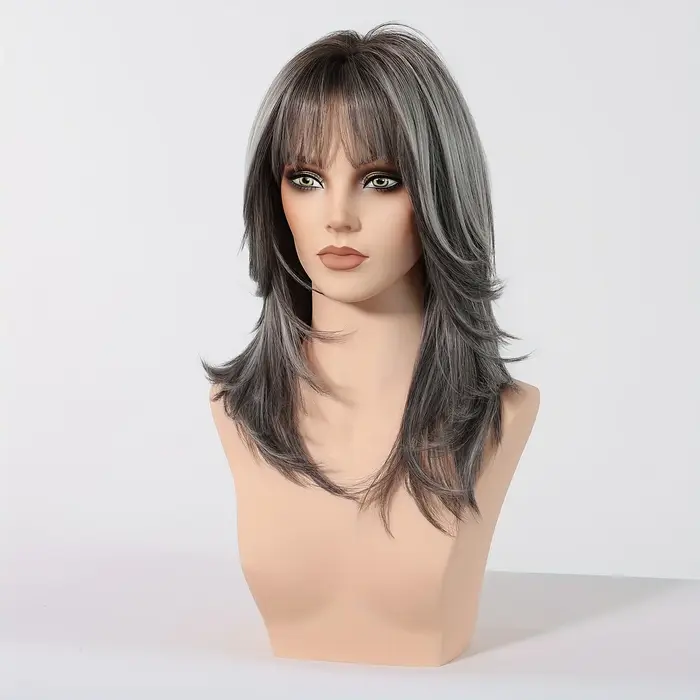 Perruque synthétique tendance avec cheveux ondulés mi-longs dans un style longueur menton