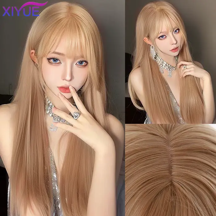 Perruque synthétique dorée avec frange naturelle moelleuse, cheveux lisses, longueur à la taille, po