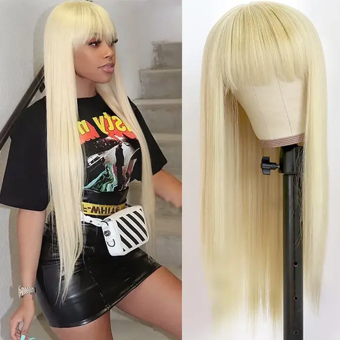 Perruque synthétique dorée légère de 26 pouces avec cheveux longs et raides pour cosplay d'Halloween