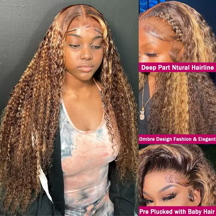 Perruque Lace Front Wig naturelle bouclée à reflets, cheveux humains, Deep Wave, 13x6, 13x4, Hd, P4/