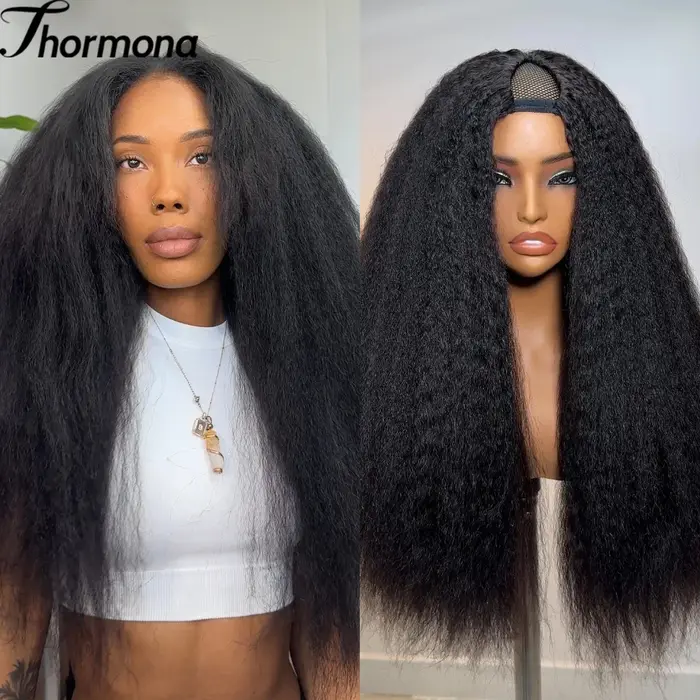 Yaki bandeau Afro bouclés perruques synthétiques crépus droites avec extrémités bouclées sans colle