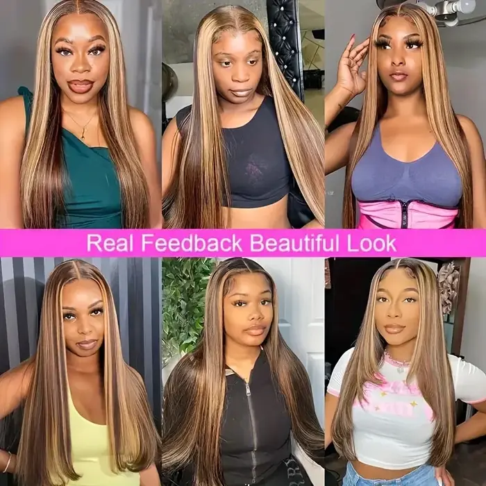 Perruque frontale Dialola P4/27 Highlight Honey Blonde, pré-épilée, colorée, lisse, avec dentelle HD