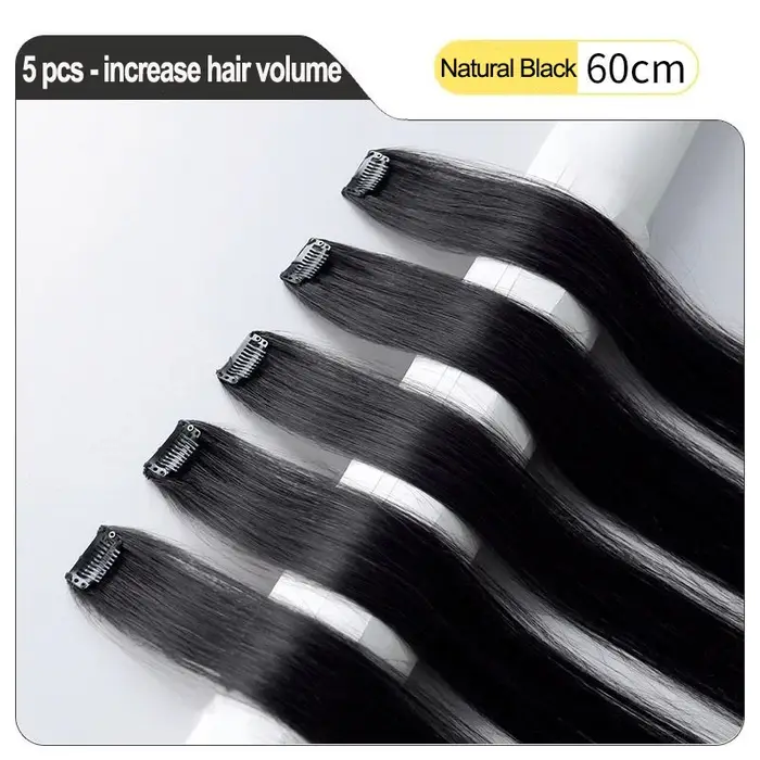 Extensions de cheveux synthétiques noires lisses de 24 pouces, clips pour cheveux, mèches de couleur