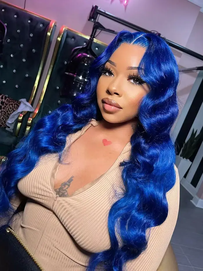 Perruque Brésilienne Naturelle de Cheveux Humains Ondulés, Couleur Bleue, 13x4, Transparent HD, Pre-