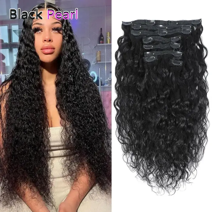 Extensions de cheveux humains brésiliennes Black Pearl Ocean Wave, 7 pièces, clips Black Pearl Water