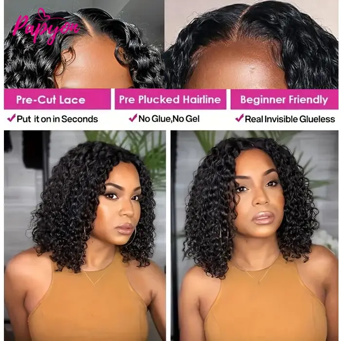 200% Density Perruque Bob Bouclé Water Wave Sans Colle Pour Femme de Fermeture en  Bouclée Dentelle 