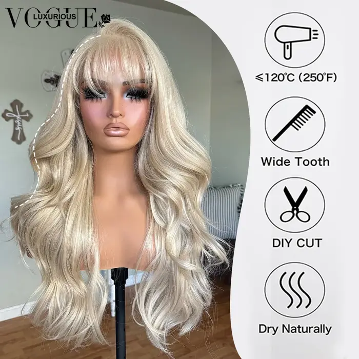 LUX VOGUE Platinum Blonde 100% perruque de cheveux humains avec frange 13x6 Transparent mise à niveau dentelle avant