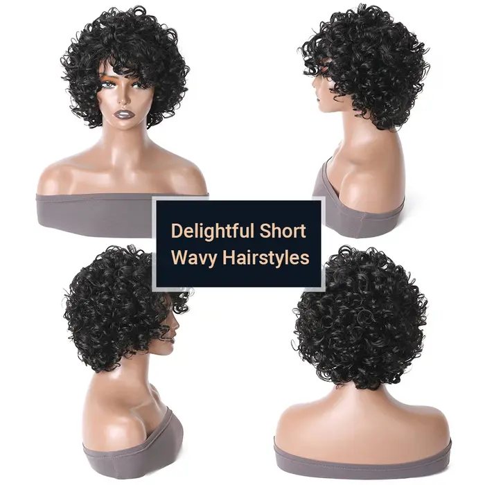 Nadula cheveux bouclés Pixie avec frange 10 "court rebondissant